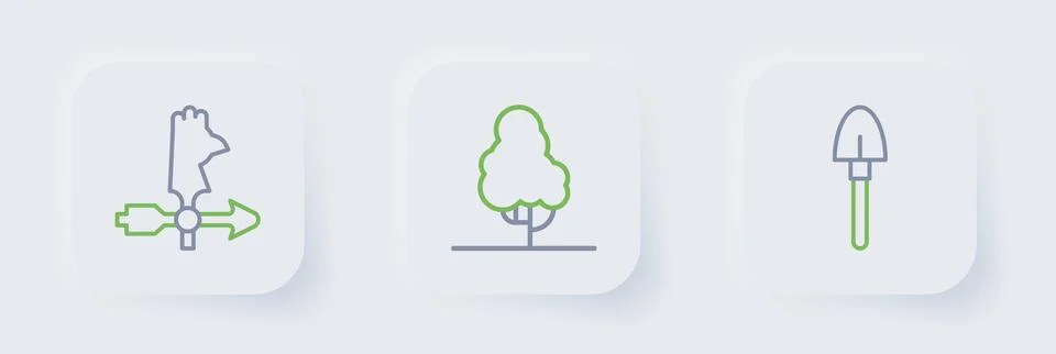 Set line Shovel, Fruit tree and Rooster weather vane icon. Vector Stock Illustration