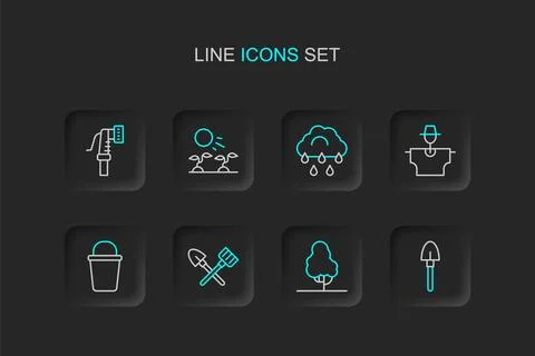 Set line Shovel, Fruit tree, and rake, Bucket, Scarecrow, Cloud with rain, .. Stock Illustration