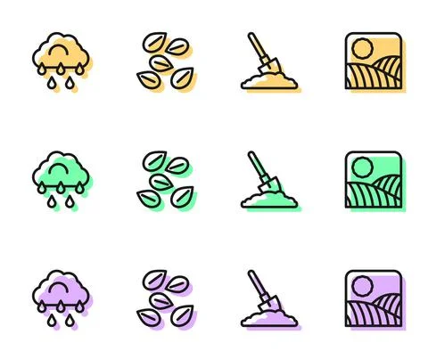 Set line Shovel in the ground, Cloud with rain, Seeds of specific plant and Illustrazione stock
