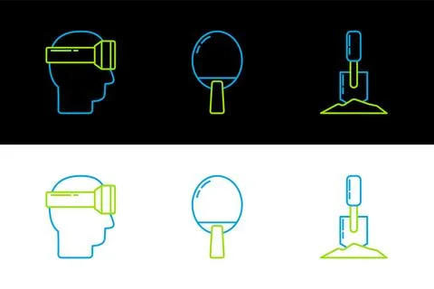 Set line Shovel in the ground, Virtual reality glasses and Racket for playi.. Illustrazione stock