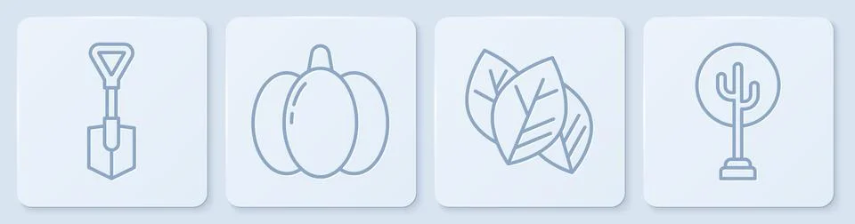 Set line Shovel, Leaf or leaves, Pumpkin and Tree. White square button. Vector Stock Illustration