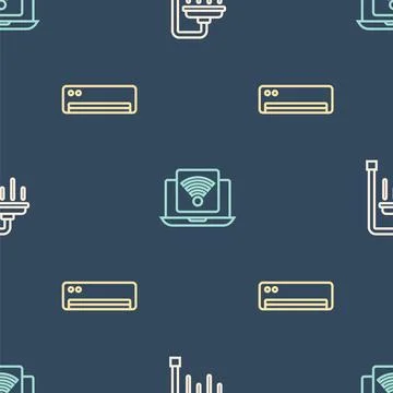 Set line Shower, Air conditioner and Wireless laptop on seamless pattern. V.. 스톡 일러스트