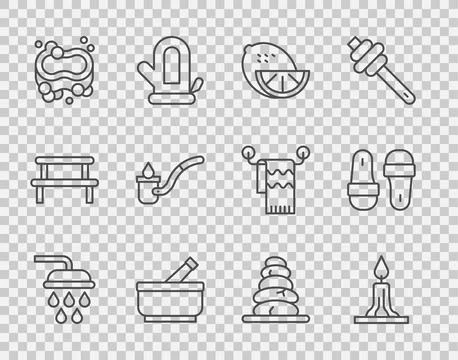 Set line Shower, Burning candle, Lemon, Mortar pestle, Bar of soap, Sauna lad Stock Illustration