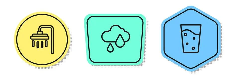 Set line Shower, Cloud with rain and Glass water. Colored shapes. Vector Stock Illustration