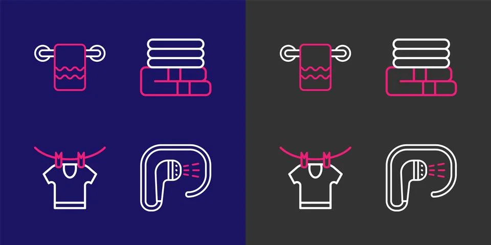 Set line Shower, Drying clothes, Towel stack and on hanger icon. Vector Stock Illustration