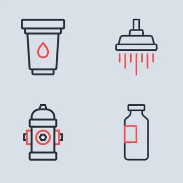 Set line Shower, Fire hydrant, Bottle of water and Water filter cartridge i.. Stock Illustration