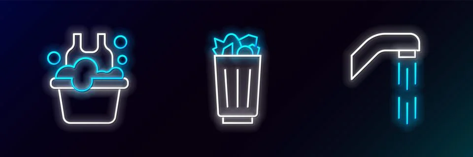 Set line Shower head, Basin with soap suds and Full trash can icon. Glowing neon Stock Illustration