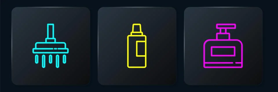 Set line Shower head, Bottle of shampoo and for cleaning agent. Black square Stock Illustration