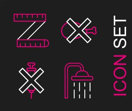 Set line Shower head, No doping syringe, meat and Tape measure icon. Vector Stock Illustration