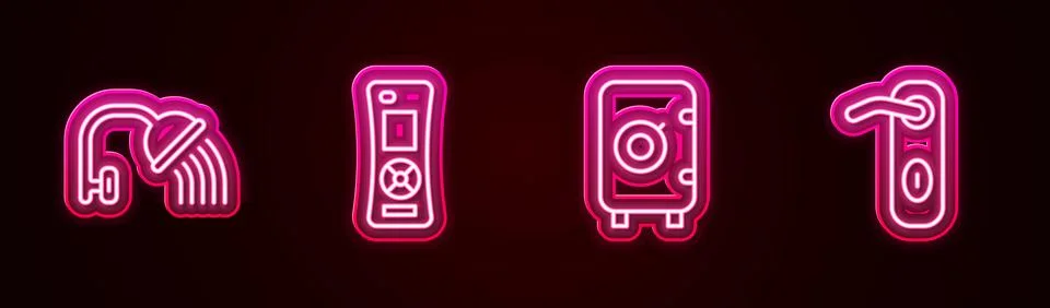 Set line Shower head, Remote control, Safe and Door handle. Glowing neon icon Stock Illustration