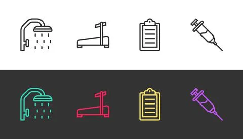 Set line Shower head, Treadmill machine, Sport training program and Doping Stock Illustration
