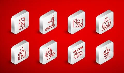 Set line Shower, Treadmill machine, Socks, Hoodie, Barbell, Energy drink, Smart Stock Illustration