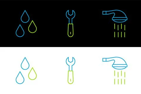 Set line Shower, Water drop and Wrench spanner icon. Vector 스톡 일러스트