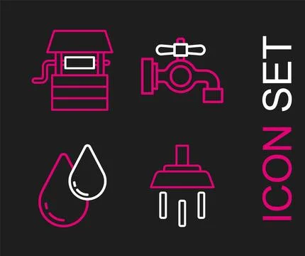 Set line Shower, Water drop, tap and Well with bucket icon. Vector Illustration