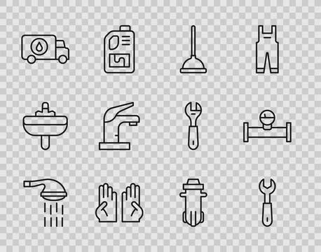 Set line Shower, Wrench spanner, Rubber plunger, gloves, Plumber service ca.. Stock Illustration