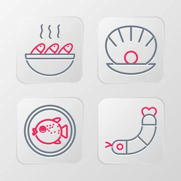 Set line Shrimp, Puffer fish on a plate, Shell with pearl and Fish soup icon. Stock Illustration