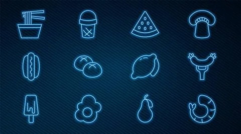 Set line Shrimp, Sausage on the fork, Watermelon, Bread loaf, Hotdog, Asian.. Illustrazione stock