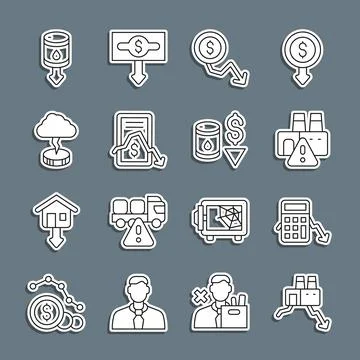 Set line Shutdown of factory, Calculation expenses, Dollar rate decrease, Mobile Stock Illustration