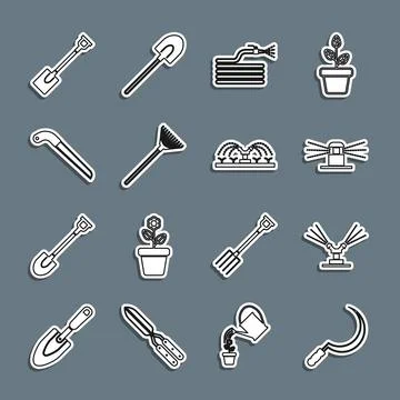 Set line Sickle, Automatic irrigation sprinklers, Garden hose or fire hose,.. Illustration