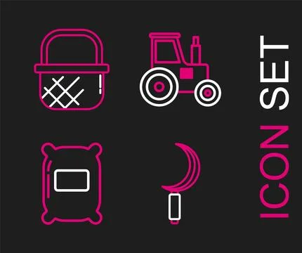 Set line Sickle, Bag of flour, Tractor and Shopping basket icon. Vector Stock Illustration