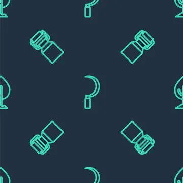 Set line Sickle, Can container for milk and Tree on seamless pattern. Vector Illustrazione stock