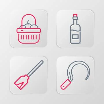 Set line Sickle, Handle broom, Bottle of wine and Basket food icon. Vector Illustration