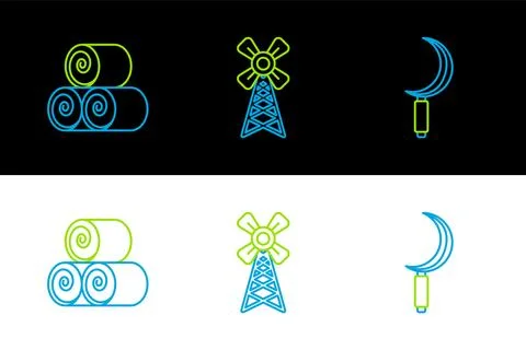 Set line Sickle, Roll of hay and Windmill icon. Vector Illustrazione stock