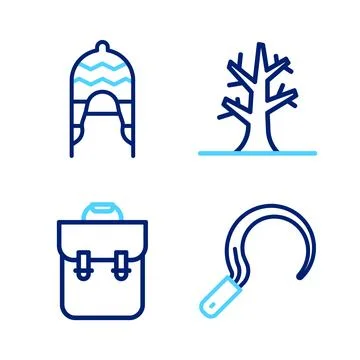 Set line Sickle, School backpack, Bare tree and Winter hat icon. Vector Stock-Illustration