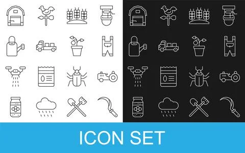 Set line Sickle, Tractor, Garden worker clothes, Wheat, Pickup truck, Water.. Stock Illustration