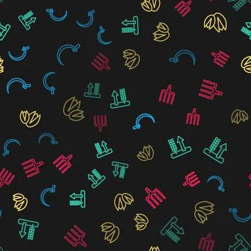 Set line Sickle, Wheat, Pistachio nuts and Garden pitchfork on seamless patte Stock Illustration