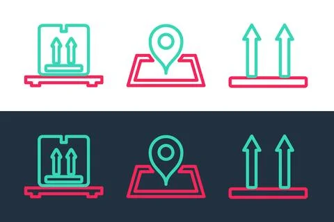 Set line This side up, Cardboard boxes on pallet and Placeholder map icon. .. Stock Illustration