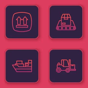 Set line This side up, Cargo ship with boxes delivery, Conveyor belt and 스톡 일러스트