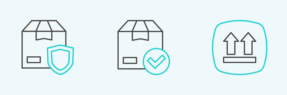 Set line This side up, Delivery security with shield and ackage box check m.. Stock Illustration