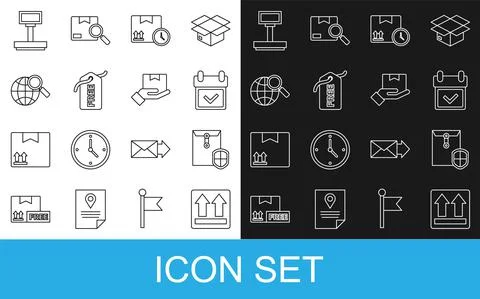 Set line This side up, Envelope with shield, Calendar check mark, Cardboard box Illustrazione stock