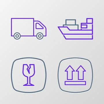 Set line This side up, Fragile broken glass, Cargo ship with boxes delivery.. Stock Illustration