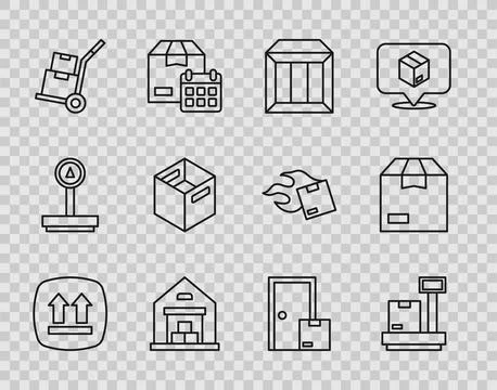 Set line This side up, Scale with cardboard box, Carton, Warehouse, Hand tr.. Stock Illustration