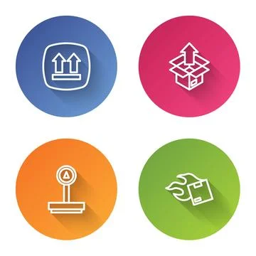 Set line This side up, Unboxing, Scale and Carton cardboard. Color circle b.. Stock Illustration