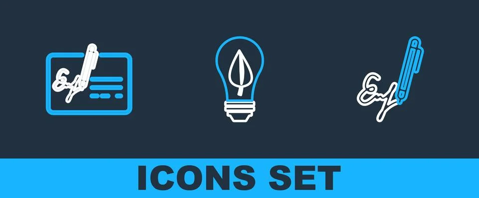 Set line Signature, Signed document and Light bulb with leaf icon. Vector Stock Illustration