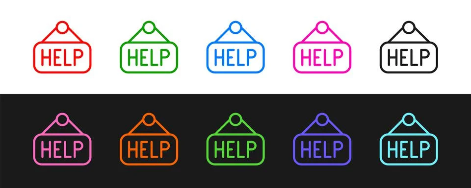 Set line Signboard with text Help icon isolated on black and white background Stock Illustration