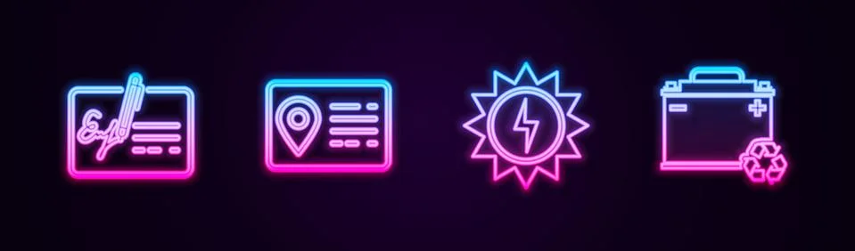 Set line Signed document, Address book, Solar energy panel and Car battery with Stock Illustration