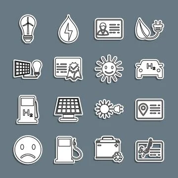 Set line Signed document, Address book, Hydrogen car, Identification badge Stock Illustration