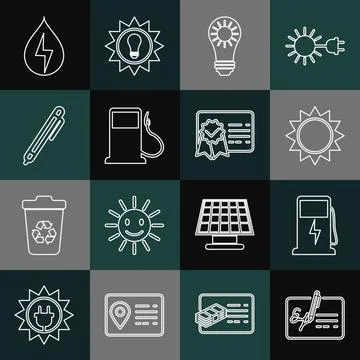 Set line Signed document, Electric car charging station, Sun, Solar energy panel 스톡 일러스트