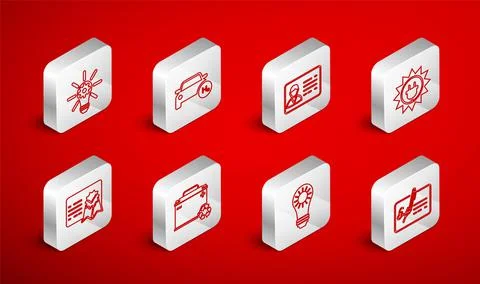 Set line Signed document, Hydrogen car, Identification badge, Solar energy pa Stock Illustration