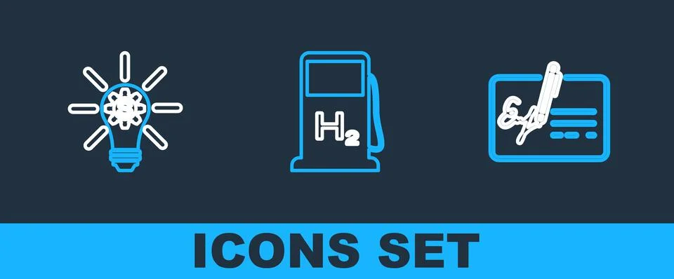 Set line Signed document, Light bulb with gear and Hydrogen filling station i Stock Illustration