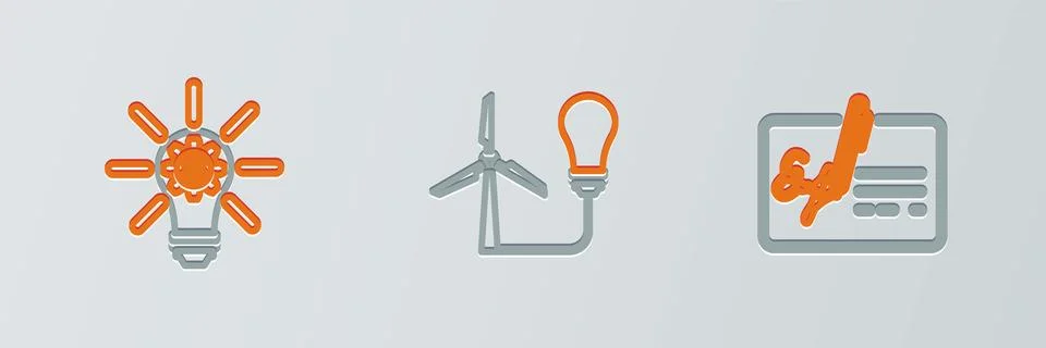 Set line Signed document, Light bulb with gear and wind turbine icon. Vector Stock Illustration