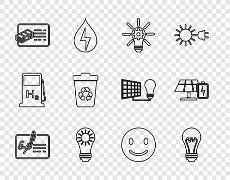 Set line Signed document, Light bulb, with gear, Solar energy panel, Financ.. Stock Illustration
