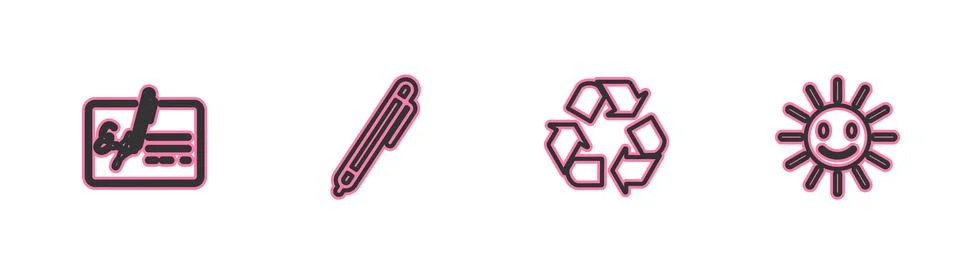 Set line Signed document, Recycle symbol, Pen and Cute sun with smile icon Stock Illustration