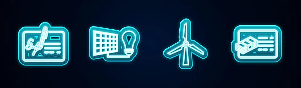 Set line Signed document, Solar energy panel and light bulb, Wind turbine and Stock Illustration