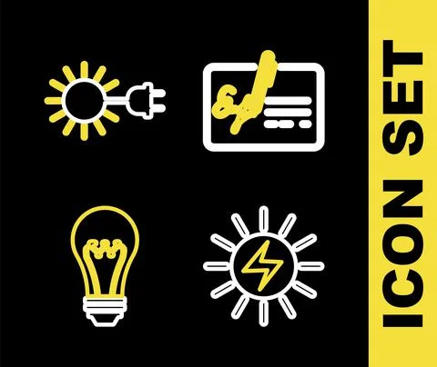 Set line Signed document, Solar energy panel, Light bulb and Sun with electric Stock Illustration