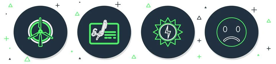 Set line Signed document, Solar energy panel, Rotating wind turbine and Sad Stock Illustration